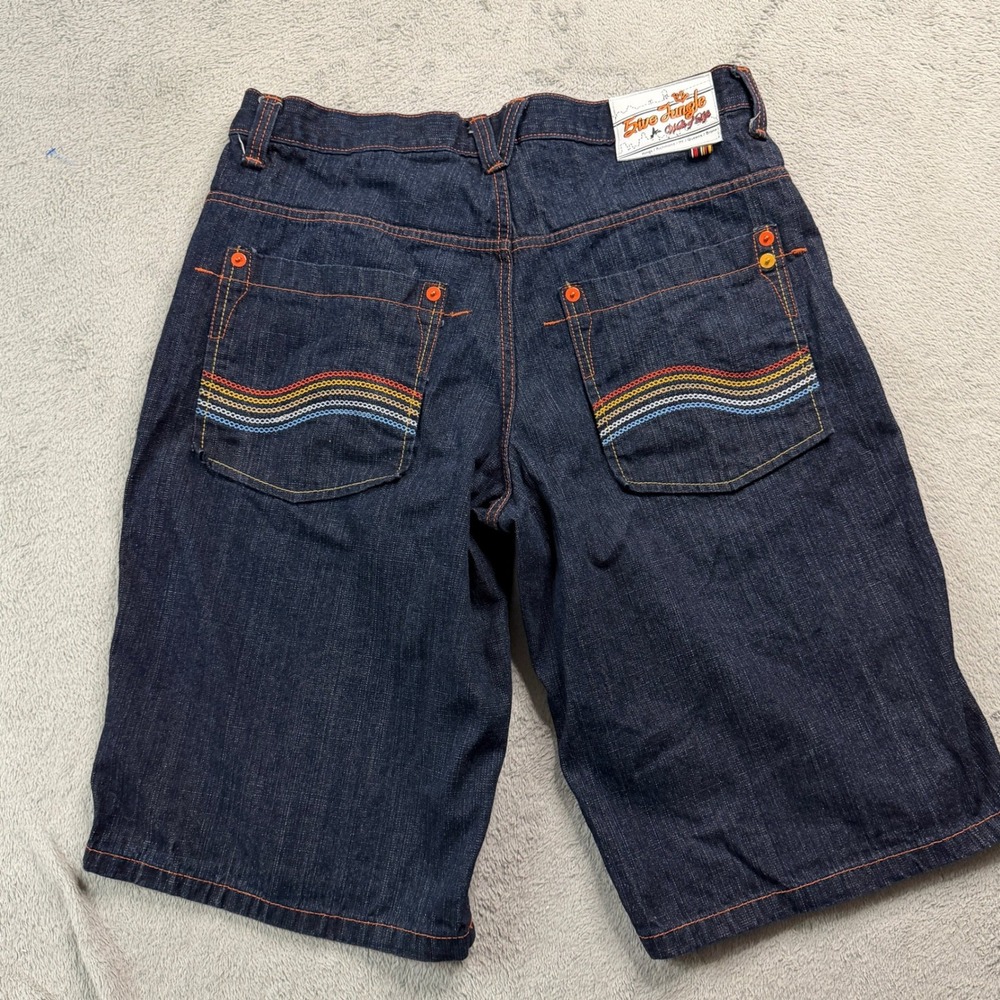 5ive Jungle & Co Mens 38 Dark Wash Denim Shorts Orange Stitching Embroidered
